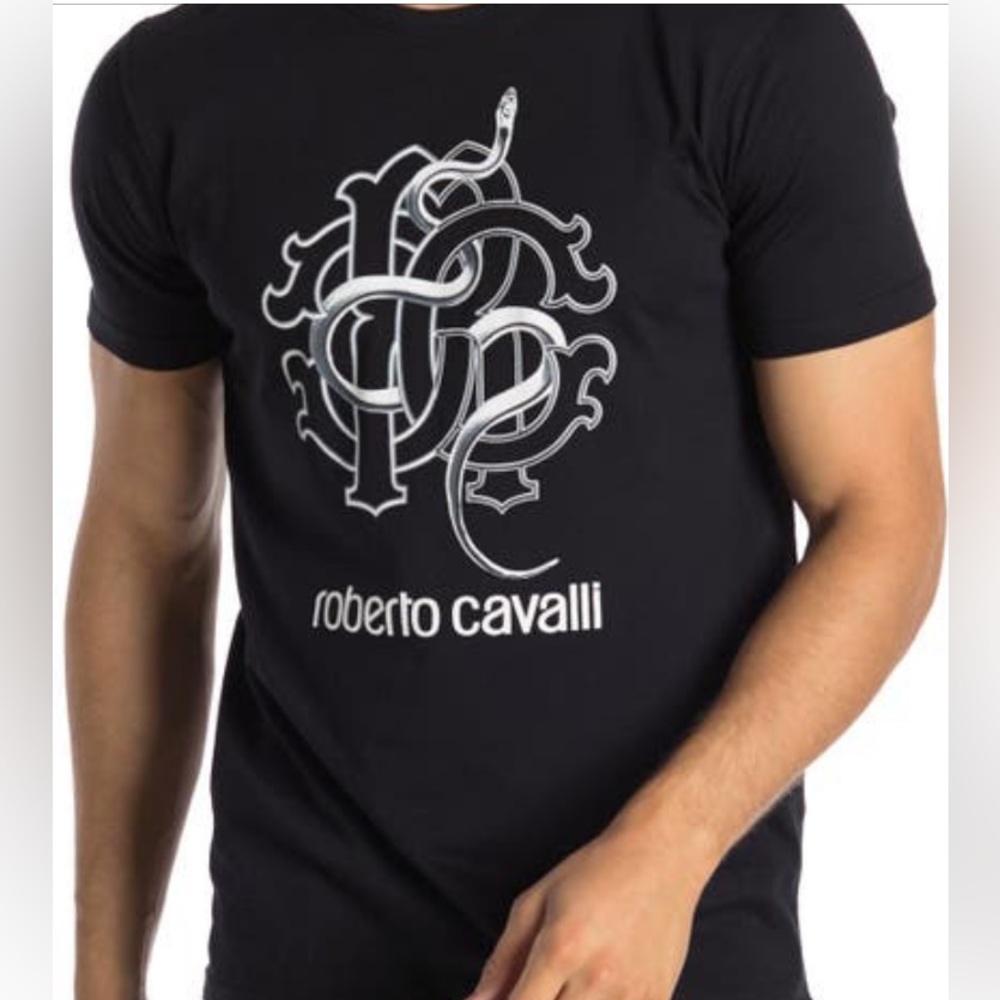 ROBERTO CAVALLI BLACK LOGO SLIM TEE LARGE NWT